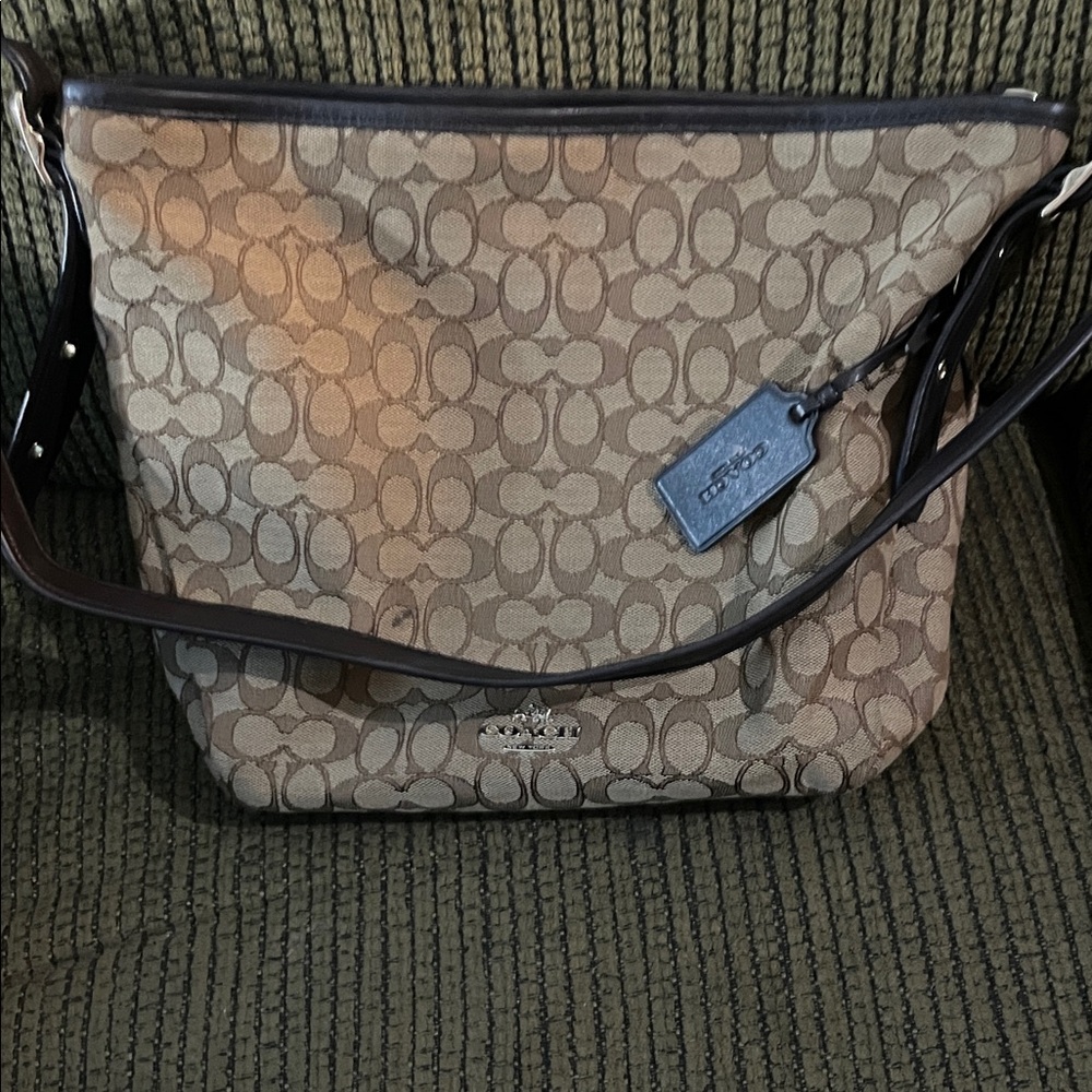 Coach Tan and Black Signature Shoulder Bag